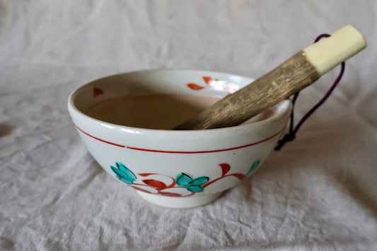 Suribachi & Surikogi (Ceramic grinding bowl and wooden stick) Red x green