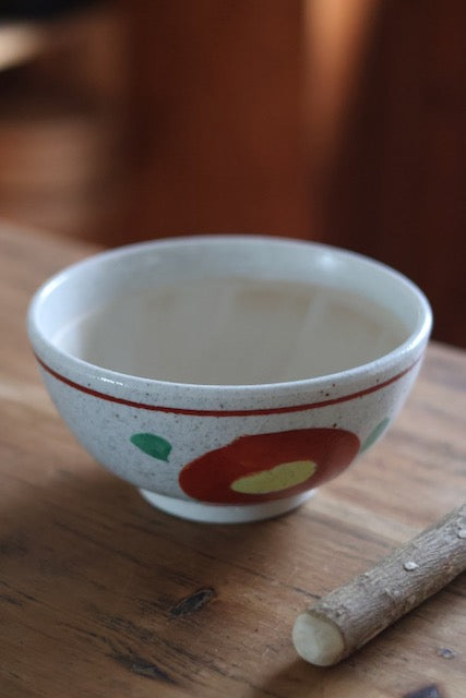 Suribachi & Surikogi (Ceramic grinding bowl and wooden stick) Red flower