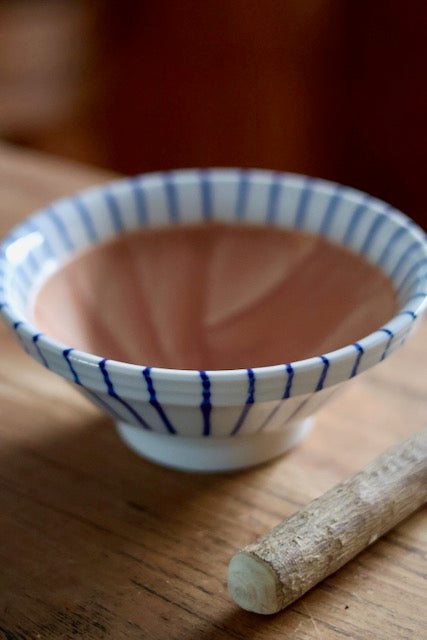 Suribachi & Surikogi (Ceramic grinding bowl and wooden stick) blue strips