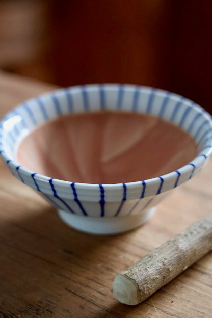 Suribachi & Surikogi (Ceramic grinding bowl and wooden stick) blue strips