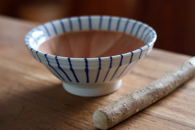 Suribachi & Surikogi (Ceramic grinding bowl and wooden stick) blue strips