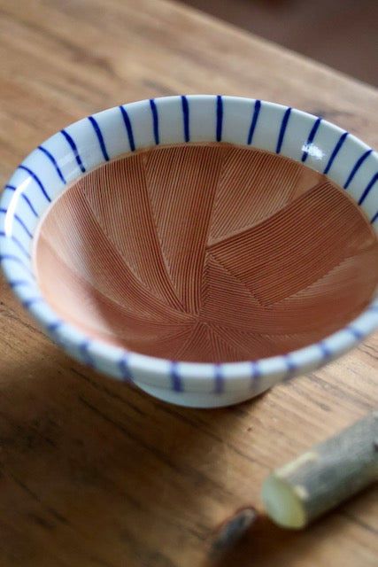 Suribachi & Surikogi (Ceramic grinding bowl and wooden stick) blue strips