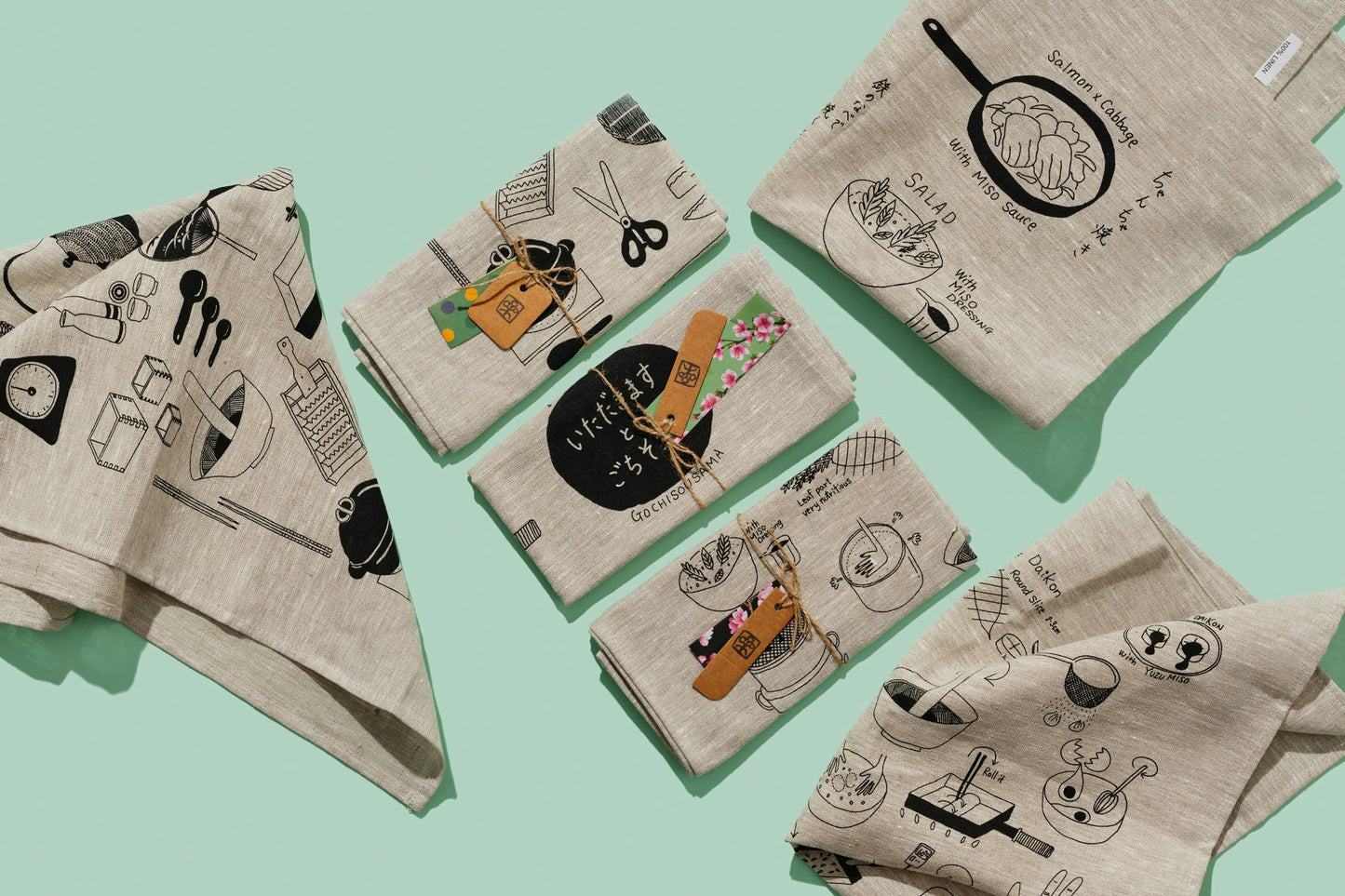 Cooking with Koji’s illustration linen tea towel. Set of 3